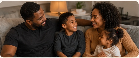 Black family laughing together at home