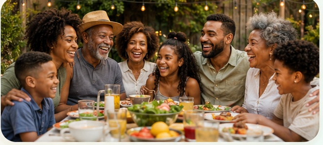 Multigenerational Black family sharing a joyful meal outdoors
